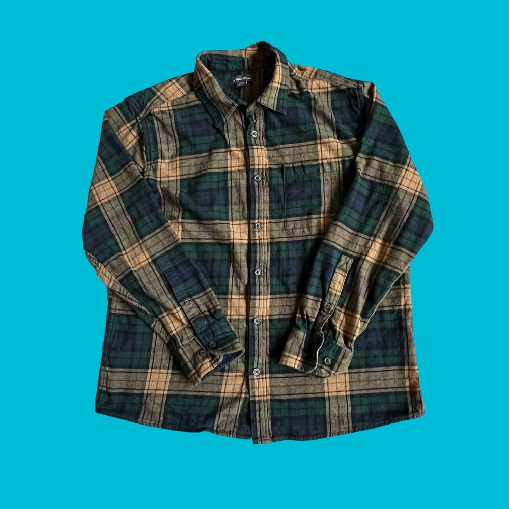 Eddie Bauer Button Shirt Flannel Green Brown Earth Fall Men Size XL